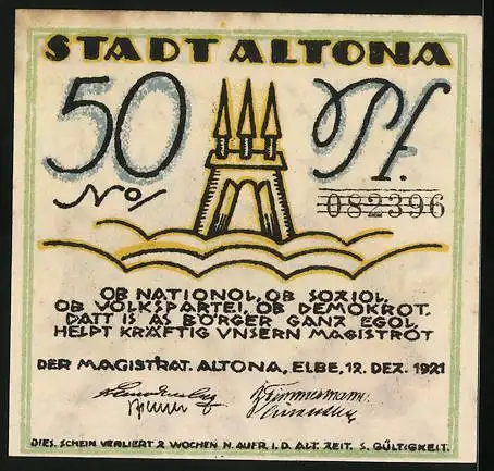 Notgeld Altona 1921, 50 Pfennig, rauchender Mann an einem Tisch mit Bier
