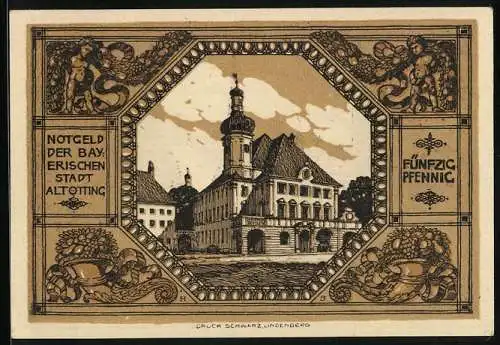 Notgeld Altötting, 50 Pfennig, Kirche und Rathaus