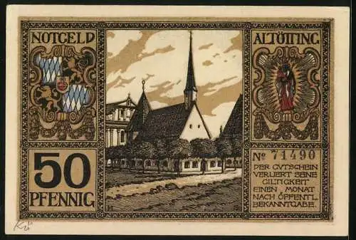 Notgeld Altötting, 50 Pfennig, Kirche und Rathaus