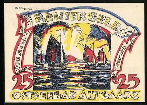Notgeld Alt Gaarz, 25 Pfennig, Segelschiffe bei Sonnenaufgang