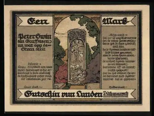 Notgeld Lunden /Dithmarschen 1921, 1 Mark, Denkmal von 1537 und Wappen