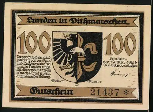 Notgeld Lunden /Dithmarschen 1921, 1 Mark, Denkmal von 1537 und Wappen