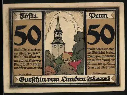 Notgeld Lunden /Dithmarschen 1921, 50 Pfennig, Kirche und Wappen