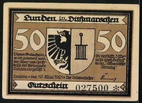 Notgeld Lunden /Dithmarschen 1921, 50 Pfennig, Kirche und Wappen