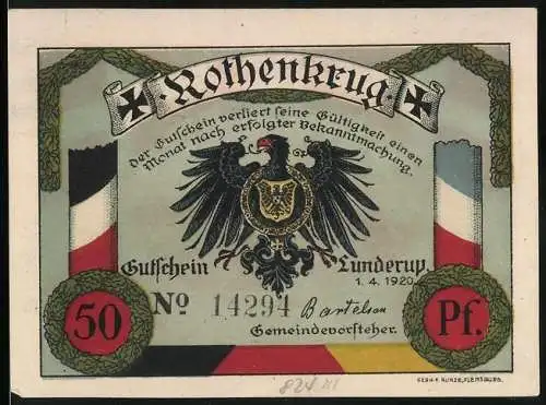 Notgeld Lunderup 1920, 50 Pfennig, Windmühle, Adler mit Wappen