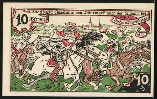 Notgeld Lutter am Barenberge 1920, 10 Pfennig, Die Flucht Christians von Dänemark nach der Schlacht bei Lutter 1626