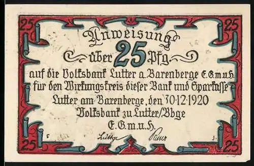 Notgeld Lutter am Barenberge 1920, 25 Pfennig, Tilly nach der Schlacht bei Lutter am Barrenberge