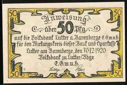 Notgeld Lutter am Barenberge 1920, 50 Pfennig, Im Lager der Kaiserlichen anch der Schlacht bei Lutter am Barenberge