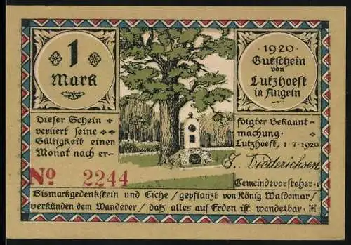 Notgeld Lutzhoeft in Angeln 1920, 1 Mark, Bismarckgedenkstein und Eiche gepflanzt von König Waldemar