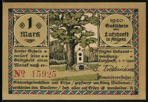 Notgeld Lutzhoeft in Angeln 1920, 1 Mark, Bismarckgedenkstein und Eiche gepflanzt von König Waldemar