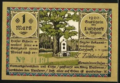 Notgeld Lutzhoeft in Angeln 1920, 1 Mark, Rückenansicht von Familie an der Grenze