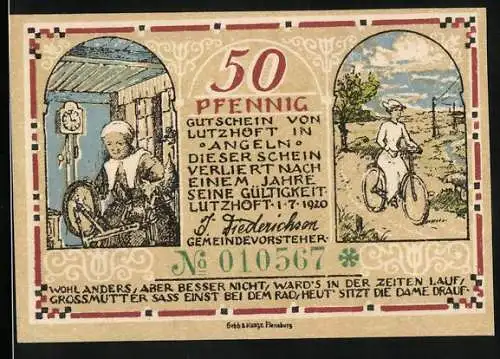 Notgeld Lutzhöft 1920, 50 Pfennig, Frau am Spinnrad, Radfahrerin