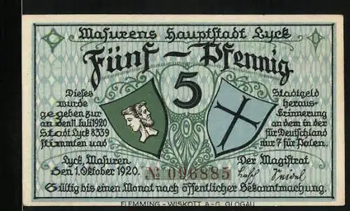Notgeld Lyck /Masuren 1920, 5 Pfennig, Teilansicht, Wappen
