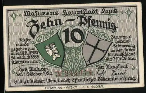 Notgeld Lyck /Masuren 1920, 10 Pfennig, Teilansicht, Wappen