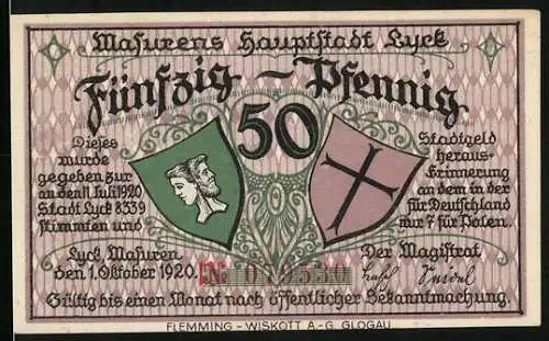 Notgeld Lyck /Masuren 1920, 50 Pfennig, Teilansicht, Wappen