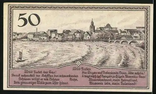 Notgeld Lyck /Masuren 1920, 50 Pfennig, Teilansicht, Wappen