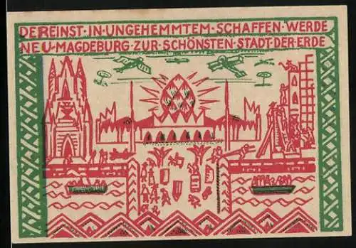 Notgeld Magdeburg 1921, 50 Pfennig, Kirche mit Flugzeugen, Arbeiter auf der Baustelle