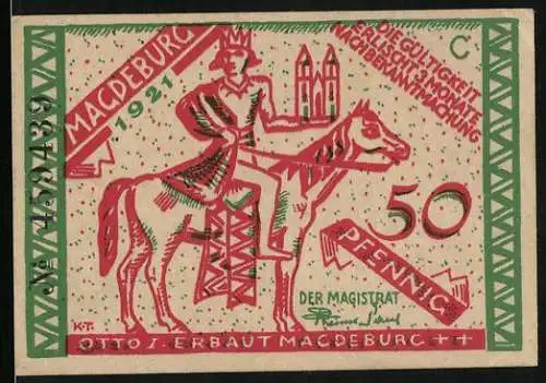 Notgeld Magdeburg 1921, 50 Pfennig, Otto I. auf seinem Pferd, Im Hintergrund Kirche