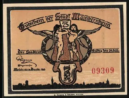 Notgeld Mainbernheim 1920, 25 Pfennig, Bekanntmachung zu den Zuckermarken, Engel mit Wappen