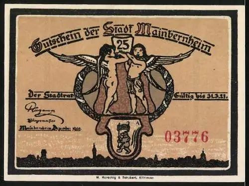 Notgeld Mainbernheim 1920, 25 Pfennig, Bekanntmachung zu den Zuckermarken, Engel mit Wappen