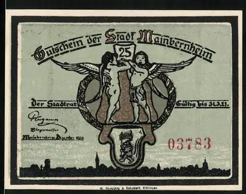 Notgeld Mainbernheim 1920, 25 Pfennig, Bekanntmachung zu den Fleischmarken, Engel mit Wappen