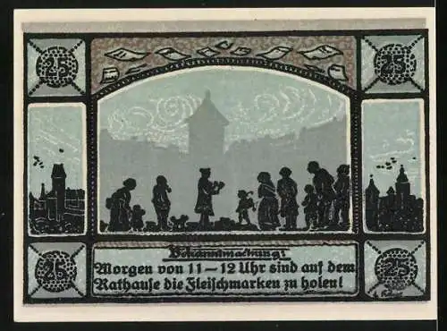 Notgeld Mainbernheim 1920, 25 Pfennig, Bekanntmachung zu den Fleischmarken, Engel mit Wappen