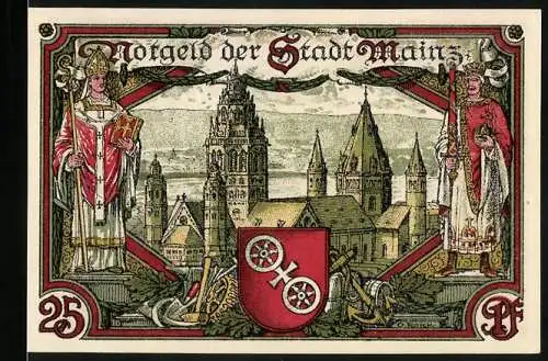 Notgeld Mainz 1921, 25 Pfennig, Kirche mit Geistlichen, Wappen