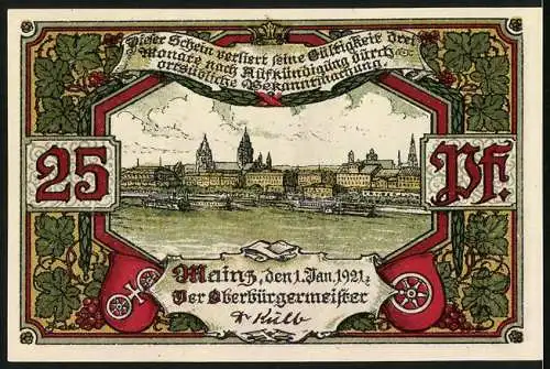 Notgeld Mainz 1921, 25 Pfennig, Kirche mit Geistlichen, Wappen