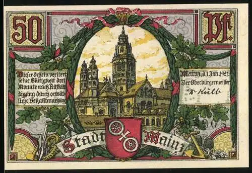 Notgeld Mainz 1921, 50 Pfennig, Marktbrunnen, Gutenberg Denkmal, Mainzer Dom