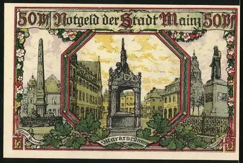 Notgeld Mainz 1921, 50 Pfennig, Marktbrunnen, Gutenberg Denkmal, Mainzer Dom