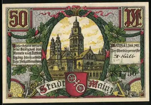 Notgeld Mainz 1921, 50 Pfennig, Marktbrunnen, Gutenberg Denkmal, Mainzer Dom