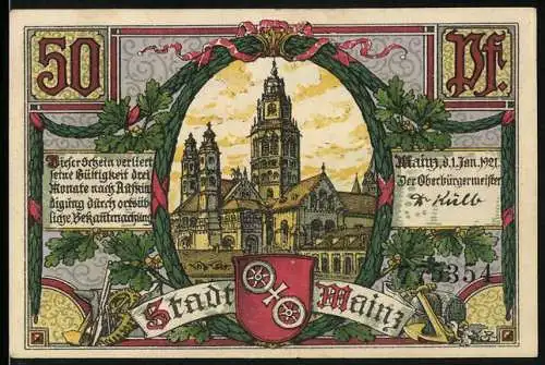 Notgeld Mainz 1921, 50 Pfennig, Marktbrunnen, Gutenberg Denkmal, Mainzer Dom