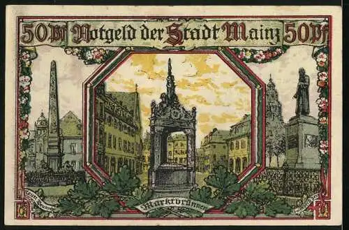 Notgeld Mainz 1921, 50 Pfennig, Marktbrunnen, Gutenberg Denkmal, Mainzer Dom
