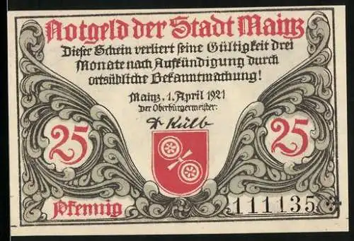 Notgeld Mainz 1921, 25 Pfennig, Helm, Wappen