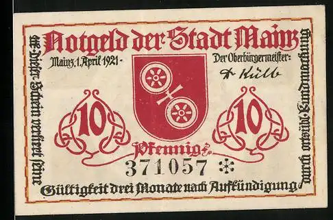Notgeld Mainz 1921, 10 Pfennig, Stadtwappen