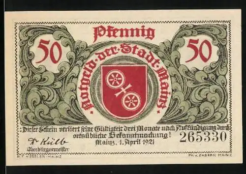 Notgeld Mainz 1921, 50 Pfennig, Adlerfibel, Stadtwappen