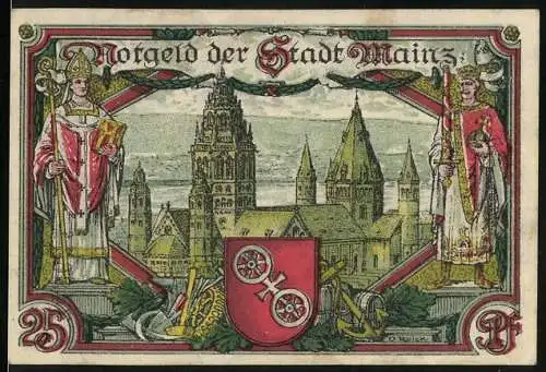 Notgeld Mainz 1921, 25 Pfennig, Kirche mit Geistlichen, Wappen