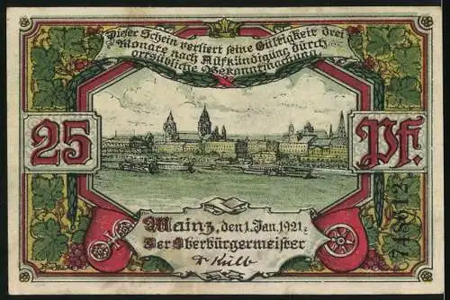 Notgeld Mainz 1921, 25 Pfennig, Kirche mit Geistlichen, Wappen