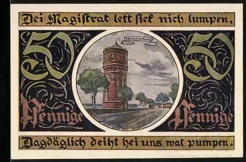 Notgeld Malchin 1922, 50 Pfennig, Wasserturm, Stadtwappen