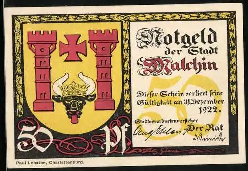 Notgeld Malchin 1922, 50 Pfennig, Kalensche Tor, Stadtwappen