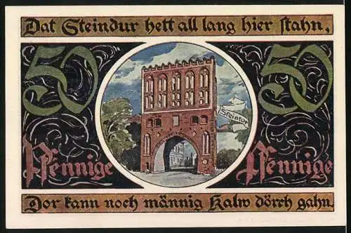 Notgeld Malchin 1922, 50 Pfennig, Steintor, Stadtwappen