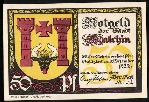 Notgeld Malchin 1922, 50 Pfennig, St. Johanniskirche, Stadtwappen