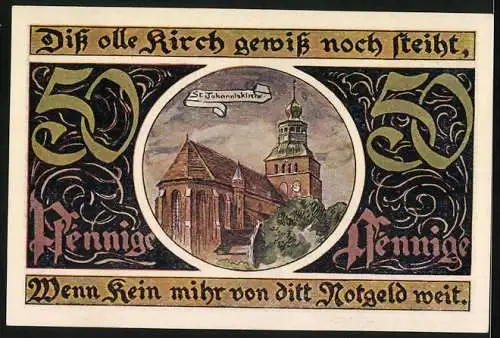 Notgeld Malchin 1922, 50 Pfennig, St. Johanniskirche, Stadtwappen