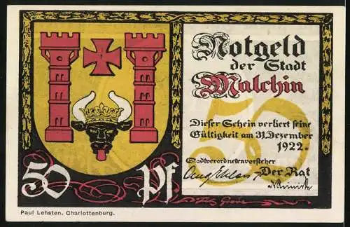 Notgeld Malchin 1922, 50 Pfennig, Wergentiner Tor, Stadtwappen
