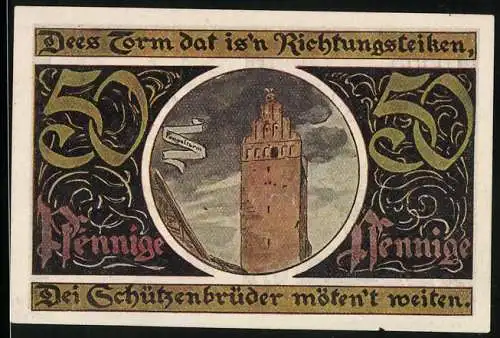 Notgeld Malchin 1922, 50 Pfennig, Fangelturm, Stadtwappen