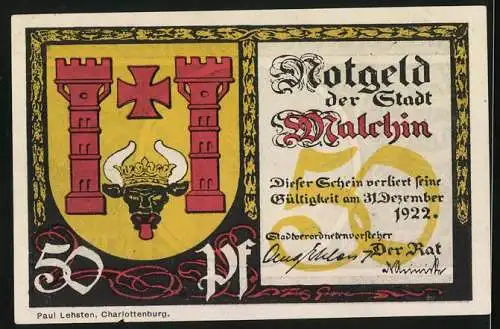Notgeld Malchin 1922, 50 Pfennig, Fangelturm, Stadtwappen