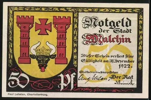 Notgeld Malchin 1922, 50 Pfennig, Kalensche Tor, Stadtwappen