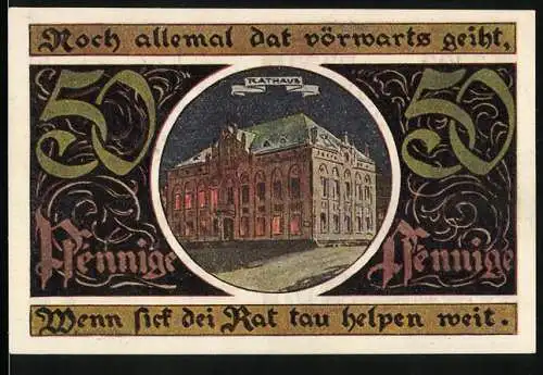 Notgeld Malchin 1922, 50 Pfennig, Rathaus, Stadtwappen