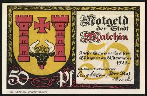 Notgeld Malchin 1922, 50 Pfennig, Rathaus, Stadtwappen
