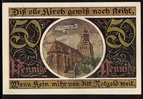 Notgeld Malchin 1922, 50 Pfennig, St. Johanniskirche, Stadtwappen